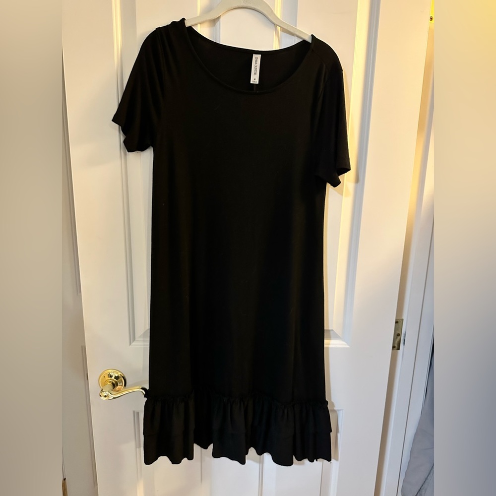 Black T-Shirt Dress with Ruffle Bottom